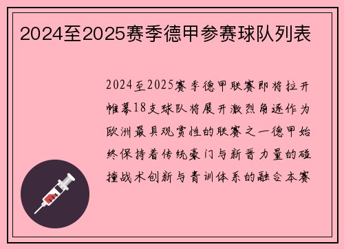 2024至2025赛季德甲参赛球队列表