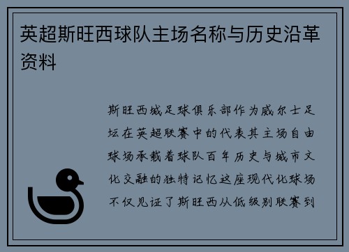 英超斯旺西球队主场名称与历史沿革资料